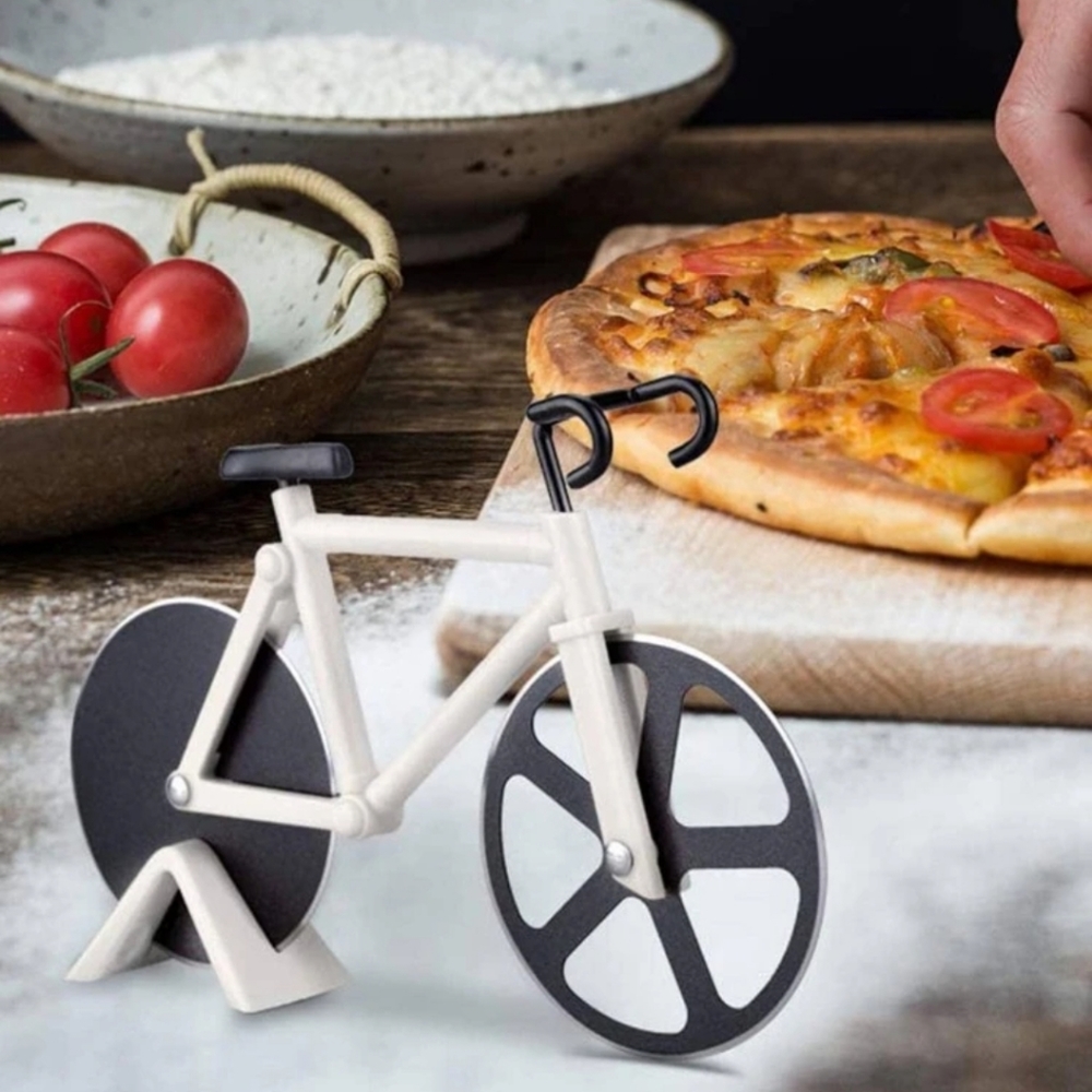 Bicycle Shaped Pizza Roller Cutter w/ Bike Stand- White